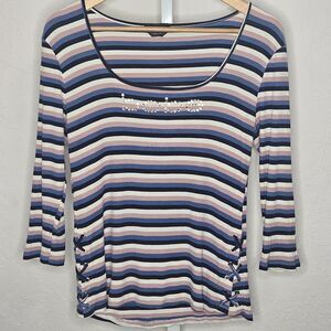 Bebe Vintage Y2K Striped Top Rhinestone Logo Lace Up 3/4 Sleeve Shirt L